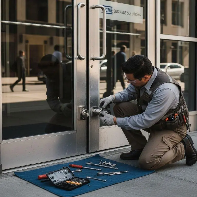 Locksmith technician installing a commercial lock in Waco, TX